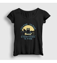 Presmono Kadın Siyah Everything Is Fine Cat Kedili T-Shirt 447322tt