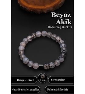 Beyaz Akik Bileklik Kadın Erkek Doğal Taş Bileklik BT051 (Siyah - Beyaz)