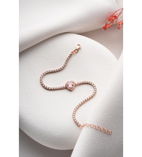 925 Ayar Gümüş Rose Kaplama Pembe Taşlı Kalp 2 mm Zirkon Taşlı Suyolu Bileklik