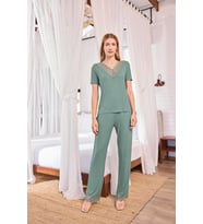 Monamise Kadın Dantelli Kısa Kollu V Yaka Pijama Takımı 25106 (Yeşil)