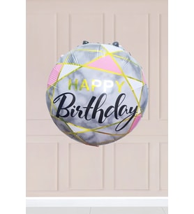 Yuvarlak Happy Birthday Yazılı Pembe Gold Çizgili Folyo Balon 45cm