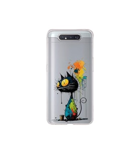Samsung Galaxy A80 ile Uyumlu Splash Kedi Tasarımlı Şeffaf Silikon Kılıf