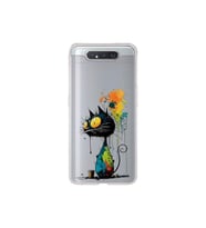 Samsung Galaxy A80 ile Uyumlu Splash Kedi Tasarımlı Şeffaf Silikon Kılıf