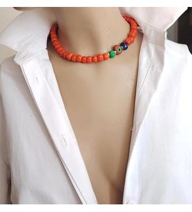 Turuncu Cam Kabak Boncuk Nazar Detaylı Choker Kolye