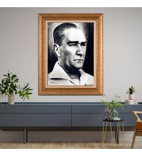 Altın Varaklı Çerçeveli Paspartulu Atatürk Tablo TR1423 (Gold)