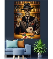 Vintage Kıyafetli Ve Şapkalı İskelet Adam Poker Oynuyor Dekoratif Kanvas - Mdf Ahşap Tablo