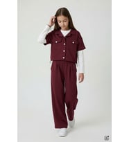 Bordo Kız Çocuk Kısa Kol Ceketli Badili Bol Paça Pantolonlu 3lü Alt Üst Takım 24771