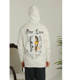Oversize Üç İplik Şardonlu Kapüşonlu Sweatshirt – Beyaz “Other Lives” Ön Ve Arka Baskılı, Kanguru Ce
