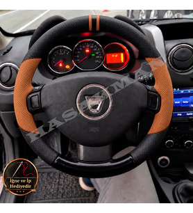 Dacia Duster Mk1 Dikme Direksiyon Kılıfı Delikli Deri Parlak Siyah Taba Detay Çift Yüzük ve Dikiş 2010-2017