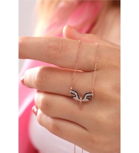 Kadın 925 Ayar Gümüş Zincirli Rose Kaplama Zirkon Taşlı Melek Model Kolye