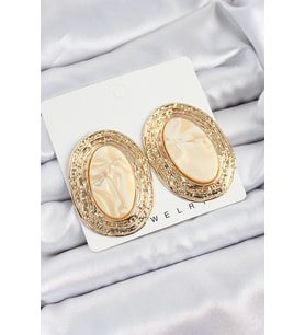 Pirinç Mermer Desenlli Bej Sedef Oval Vintage Model Gold Renk Kadın Küpe (Altın)