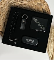 Özel Erkeklere Lüks Kutulu Orjinal Büyük Boy Clipper & Deri Anahtarlık Sigara Tabakası Tespih Hediye Seti LK60