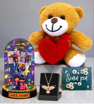 Size Özel Renkli Işıklı Fanus & Anka Kuşu Kolye & Kalpli Peluş Ayıcık Seti (Model 9)