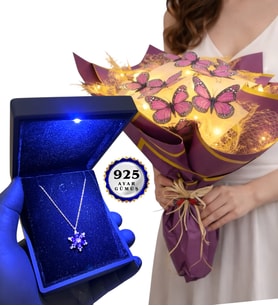 Led Işıklı Kelebek Buketi ve Işıklı Kutusunda 925 Ayar Gümüş Kolye