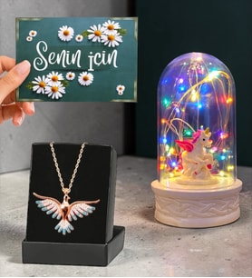 Premium Hediye Seti Renkli Anka Kuşu Kolye ve Renkli Işıklı Unicornlu Fanus