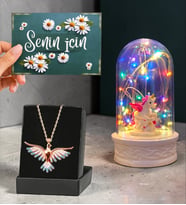 Premium Hediye Seti Renkli Anka Kuşu Kolye ve Renkli Işıklı Unicornlu Fanus