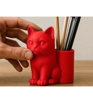 3D Baskı Kedi Figürlü Kalemlik - Masaüstü Organizer - Kırmızı