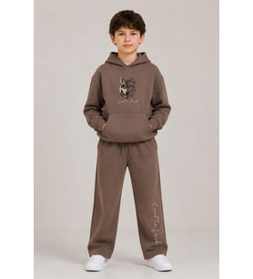 Erkek Çocuk Önü ve Arkası Kurt Çizim Baskılı Kapüşonlu Sweatshirt Kahverengi Eşo