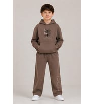 Erkek Çocuk Önü ve Arkası Kurt Çizim Baskılı Kapüşonlu Sweatshirt Kahverengi Eşo