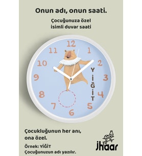 İsme Özel Şov Yapan Sevimli Ayı Çocuk Odası Duvar Saati Orta Boy 30 cm Beyaz Camlı Sessiz