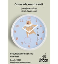 İsme Özel Şov Yapan Sevimli Ayı Çocuk Odası Duvar Saati Orta Boy 30 cm Beyaz Camlı Sessiz