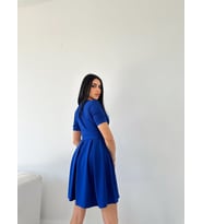 Kadın Kruvaze Yaka Kısa Kol Mini Kloş Elbise (Mavi)