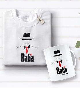 BK Gift Kişiye Özel Baba Godfather Tasarımlı Beyaz Tişört ve Kupa Seti-8 (Model 1)