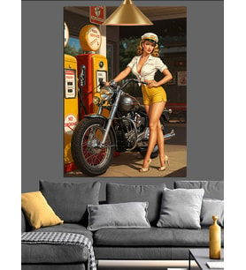 Motosikletli Pin Up Kadın Dekoratif Kanvas - Mdf Ahşap Tablo