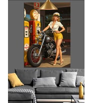 Motosikletli Pin Up Kadın Dekoratif Kanvas - Mdf Ahşap Tablo