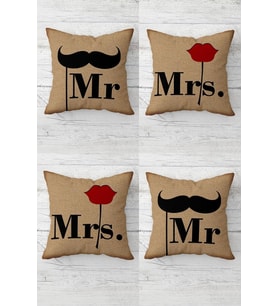 Mr And Mrs Bıyık Ve Öpücük Desen Gizli Fermuarlı Kırlent Kılıfı Koltuk Yastık Kılıfı Takım(4adet) (Bej - Siyah)