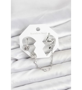 Pirinç Gümüş Renk Yılan Model Zincir Bağlantılı Ear Cuff Küpe Seti 5886 - HPSBYI1089-3169