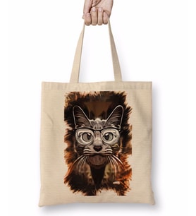 Meraklı Kedi Cat Bez Çanta Uzun Saplı