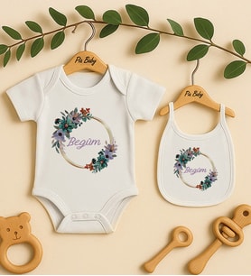Pia Baby Premium %100 Pamuk İsme Özel Organik Baskılı Çıtçıtlı Bebek Body Ve Önlük 5012-20 (Ekru)