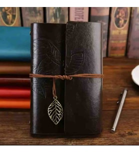 Deri Kapaklı Bağcıklı Defter – Retro Vintage Tarz, Eskitme Sayfalar, Yaprak Desenli, Çizgisiz Spiralli Günlük, Hatıra, Not, Anı Ajanda Defteri Zarif Hediyelik