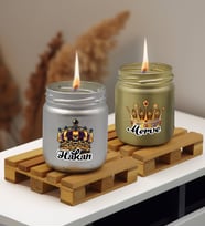 BK Gift Kişiye Özel DTF Kral Kraliçe Tacı 2’li Gümüş ve Gold Renkli Cam Kavanozda Kokulu Mum-1, Arkadaşa Hediye, Sevgiliye Hediye