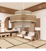 Otantik Trio Metal Kasalı Hasır Kaplama ve Bej Kumaş Salon Avize Üç Katlı Pasta Yatak Odası Sarkıt
