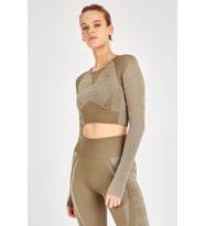 Maraton SlimFit Kadın Bisiklet Yaka  Haki Crop Top