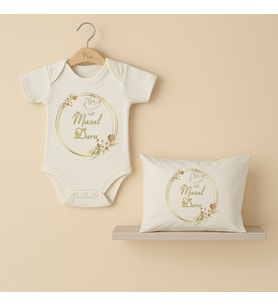Pia Baby Premium %100 Pamuk İsme Özel Organik Baskılı Çıtçıtlı Bebek Body Ve Yastık Kılıfı 5080-19 (Ekru)