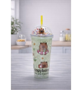 Capybara Desenli Pipetli Soğuk İçecek Bardağı Şeffaf Kapaklı Straw Cup Sevimli Tumbler Bardak (Titanyum)