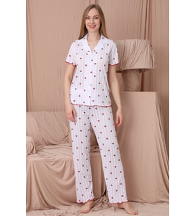 Mirano 1702 Kiraz Desenli Pointel İnce Kumaş Düğmeli Kısa Kollu Kadın Pijama Takımı