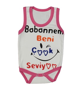 Kız Bebek Beyaz Fuşya Biyeli Babaannem Beni Seviyor Yazılı Askılı Zıbın