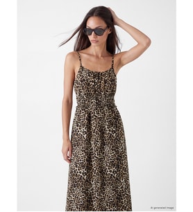 LCWAIKIKI Classic Kahverengi Kare Yaka Leopar Desenli İp Askılı Elbise