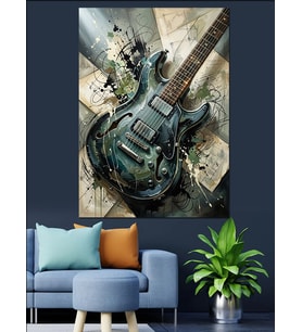 Mavi Boyalı Eskitme Elektro Gitar Dekoratif Kanvas - Mdf Ahşap Tablo
