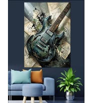 Mavi Boyalı Eskitme Elektro Gitar Dekoratif Kanvas - Mdf Ahşap Tablo