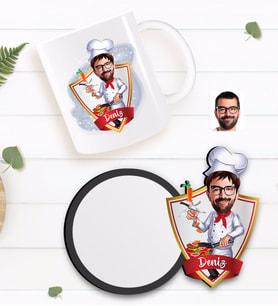BK Gift Kişiye Özel Erkek Chef Karikatürlü Beyaz Kupa ve Ahşap Bardak Altlığı Hediye Seti-1