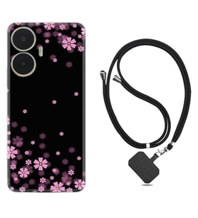 Realme C55 Kılıf Resimli Boyun Askılı İpli Desenli Silikon Black flowers 1391