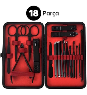 18 Parça Manikür Pedikür Set Kutusu Çelik Deri Çantalı Bakım Seti (5343)