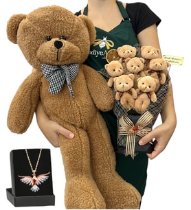 Kişiye Özel 7'li Peluş Ayıcık Buketi, Renkli Anka Kuşu Kolye ve Kahverengi Peluş Ayıcık (Model 4)