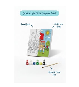 Okul ve Türk Bayrağı Temalı Çocuk Boyama Tuvali – Şövalesiz Eğitici Boyama Seti 20x20 cm