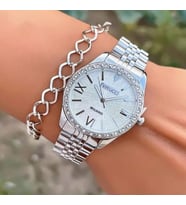 Ferrucci Taşlı Şık Modern Tasarım Çelik Kadın Kol Saat+Bileklik Hediyeli (Gümüş)
